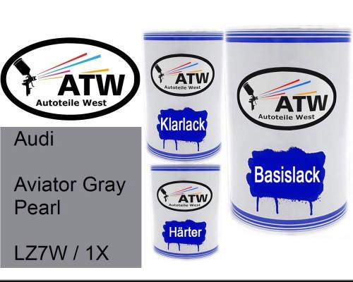 Audi, Aviator Gray Pearl, LZ7W / 1X: 500ml Lackdose + 500ml Klarlack + 250ml Härter - Set, von ATW Autoteile West.